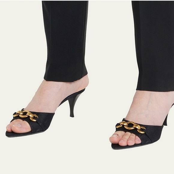 NEW$1050 Saint Laurent YSL Logo Gippy Chain Kitten-Heel Slide Sandal Mules Sz 37 - Picture 6 of 17